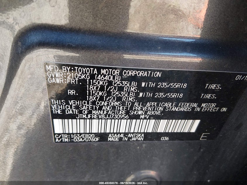 2018 Toyota Rav 4 VIN JTMJFREV8JJ730956 IAAI salvage auction — FRONT END, Salvage (Ohio), sold $4,500 on 2026-07-14 (photo 9)