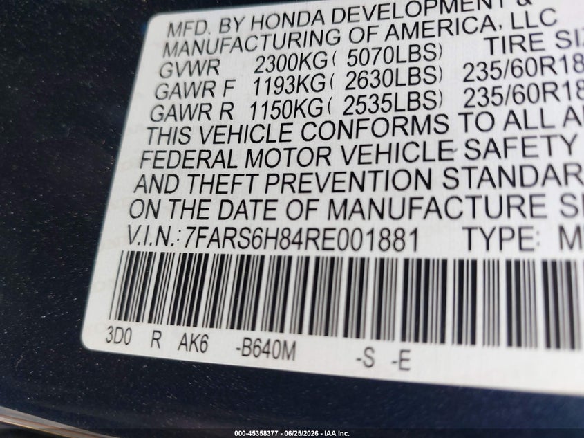 2024 Honda Cr-v VIN 7FARS6H84RE001881 IAAI salvage auction — FRONT END, Mv-907A (New York), sold $17,850 on 2026-07-14 (photo 9)