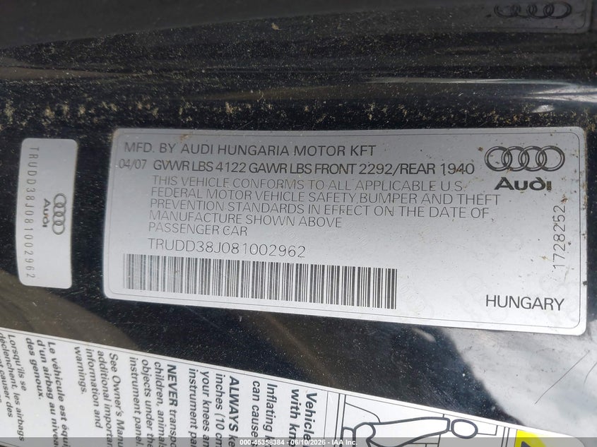 2008 Audi Tt VIN TRUDD38J081002962 IAAI salvage auction — NORMAL WEAR, Clear (New Jersey), sold $825 on 2026-07-08 (photo 9)