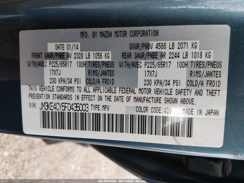 2015 Mazda Cx-5 VIN JM3KE4CY5F0435003 IAAI salvage auction — NORMAL WEAR, Certificate Of Title (Nebraska), sold $3,025 on 2026-07-09 (photo 9)