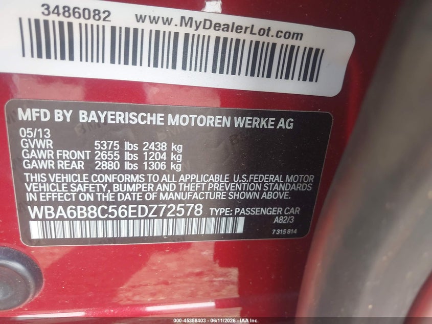 2014 BMW 6er VIN WBA6B8C56EDZ72578 IAAI salvage auction — VANDALISM, Salvage - Greater Than 75% (Maryland), sold $25 on 2026-08-14 (photo 9)