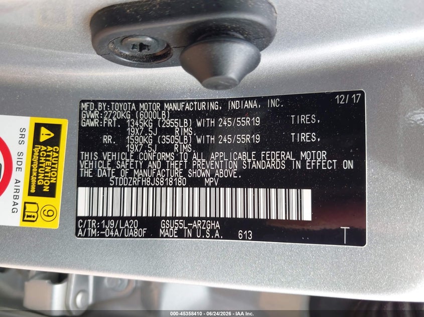 2018 Toyota Highlander VIN 5TDDZRFH8JS818180 IAAI salvage auction — HAIL, Salvage Title, sold $10,100 on 2026-07-30 (photo 9)