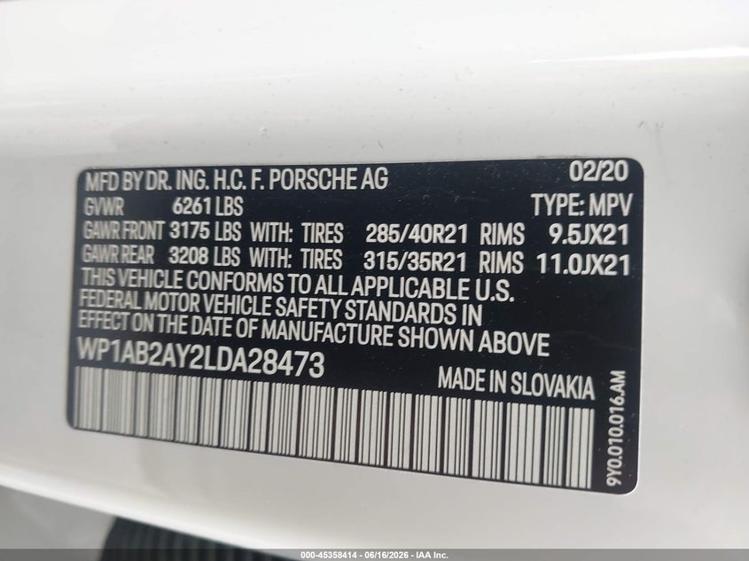 2020 Porsche Cayenne VIN WP1AB2AY2LDA28473 IAAI salvage auction — FRONT END, Salvage (Louisiana), sold $22,075 on 2026-07-07 (photo 9)