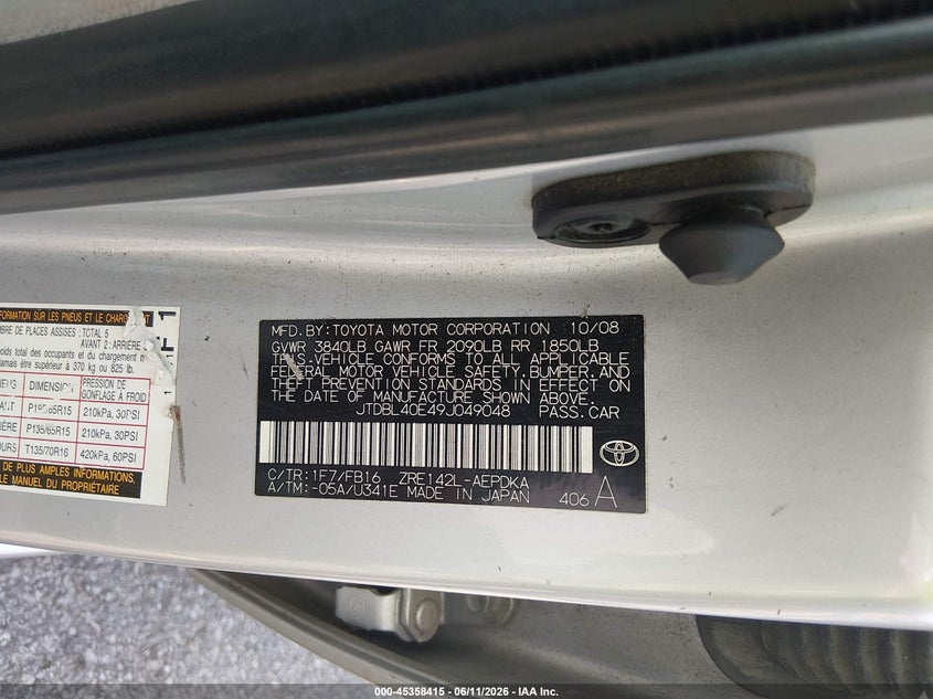 2009 Toyota Corolla VIN JTDBL40E49J049048 IAAI salvage auction — FRONT END, Salvage (South Carolina), sold $250 on 2026-07-15 (photo 9)