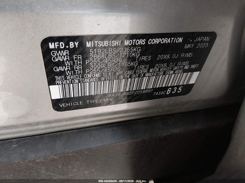 2023 Mitsubishi Outlander VIN JA4J4UA82PZ058891 IAAI salvage auction — ROLLOVER, Salvage (Indiana), sold $3,150 on 2026-07-22 (photo 9)