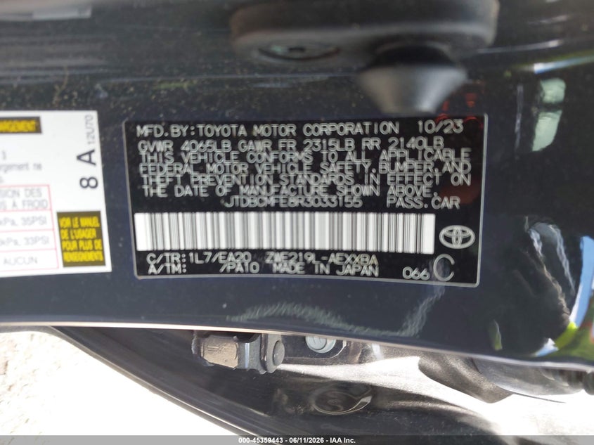 2024 Toyota Corolla VIN JTDBCMFE8R3033155 IAAI salvage auction — FRONT END, Salvage (Texas), sold $3,650 on 2026-07-29 (photo 9)