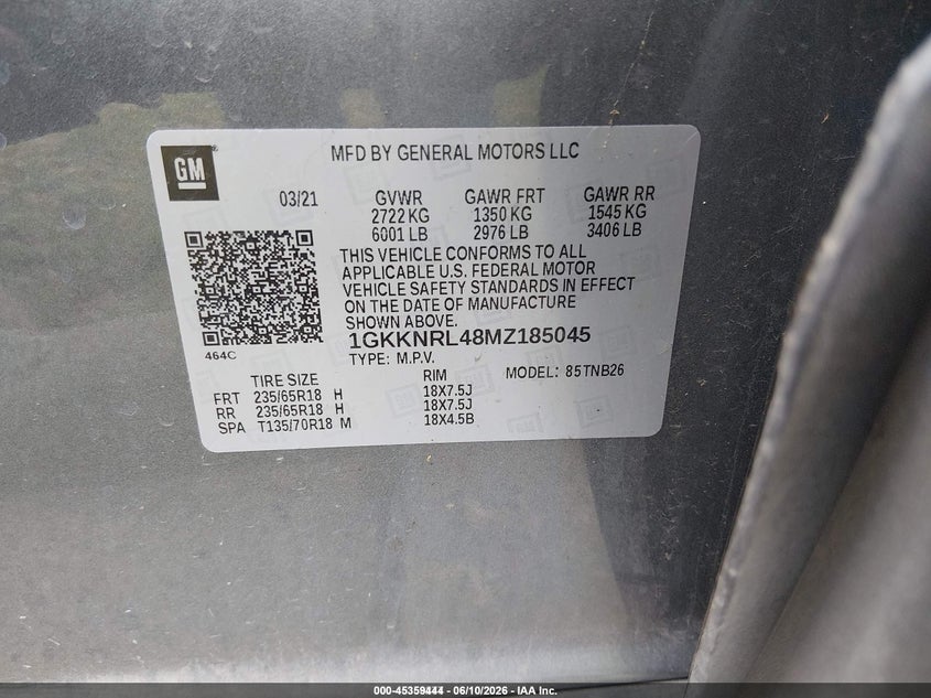 2021 Gmc Acadia VIN 1GKKNRL48MZ185045 IAAI salvage auction — NORMAL WEAR, SF97 (Virginia), sold $15,500 on 2026-07-22 (photo 9)