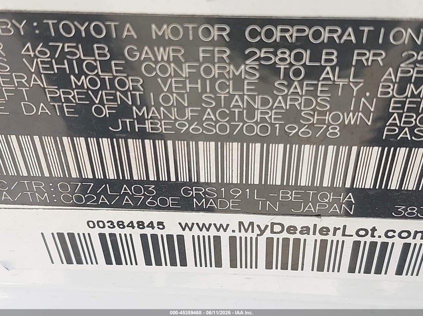 2007 Lexus Gs 350 VIN JTHBE96S070019678 IAAI salvage auction — FRONT & REAR, Salvage (Texas), sold $950 on 2026-07-14 (photo 9)