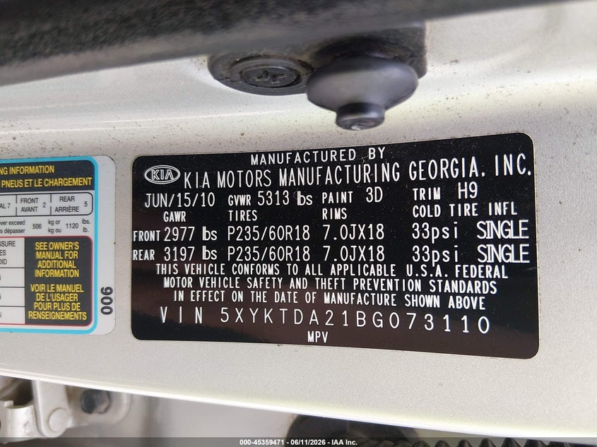 2011 Kia Sorento VIN 5XYKTDA21BG073110 IAAI salvage auction — REAR END, Clear (Arkansas), sold $1,300 on 2026-07-16 (photo 9)