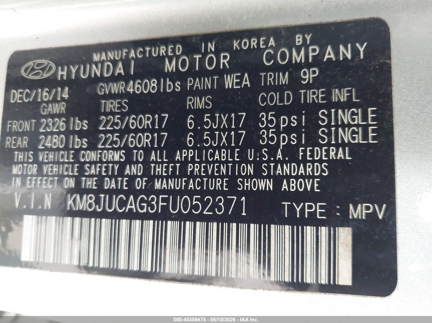 2015 Hyundai Tucson VIN KM8JUCAG3FU052371 IAAI salvage auction — NORMAL WEAR, Repossession Paperwork (Georgia), sold $1,550 on 2026-07-29 (photo 9)