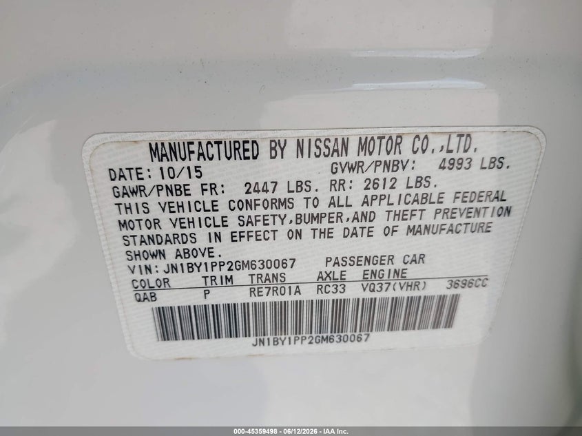 2016 Infiniti Q70 VIN JN1BY1PP2GM630067 IAAI salvage auction — REAR END, Original (Texas), sold $4,600 on 2026-07-30 (photo 9)