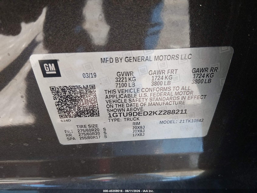 2019 Gmc SIERRA VIN 1GTU9DED2KZ288211 IAAI salvage auction — FRONT END, Salvage (Mississippi), sold $11,400 on 2026-07-19 (photo 9)