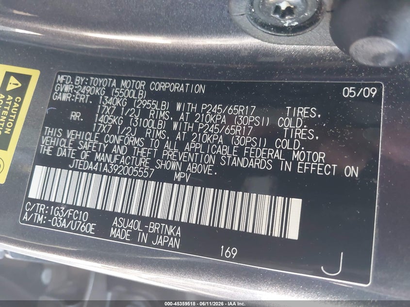 2009 Toyota Highlander VIN JTEDA41A392005557 IAAI salvage auction — ALL OVER, Salvage (Georgia), sold $1,100 on 2026-07-28 (photo 9)