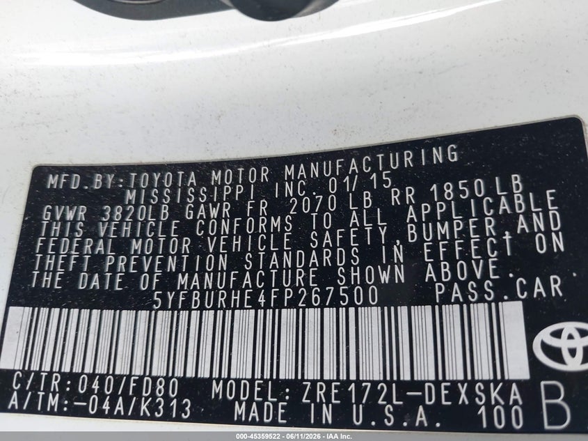 2015 Toyota Corolla VIN 5YFBURHE4FP267500 IAAI salvage auction — LEFT SIDE, Clear - Dealer Only (California), sold $4,100 on 2026-07-06 (photo 9)