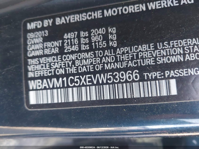 2014 BMW X1 VIN WBAVM1C5XEVW53966 IAAI salvage auction — NORMAL WEAR, Clear (Delaware), sold $600 on 2026-07-30 (photo 9)