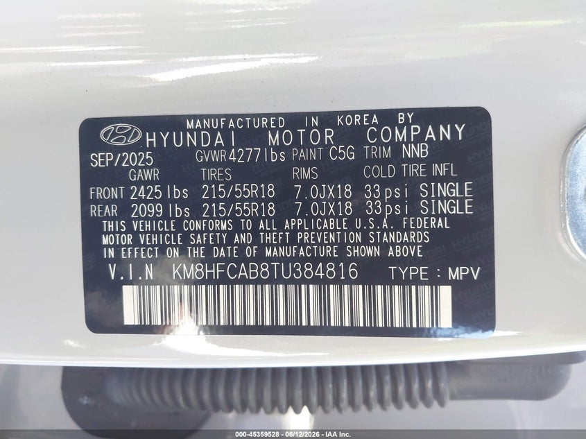2026 Hyundai Kona VIN KM8HFCAB8TU384816 IAAI salvage auction — REAR END, Salvage (Arizona), sold $4,050 on 2026-07-29 (photo 9)