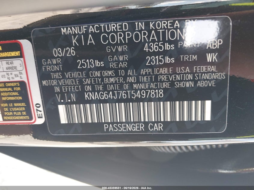 2026 Kia K5 VIN KNAG64J76T5497818 IAAI salvage auction — RIGHT SIDE, Rebuildable (Florida), sold $5,150 on 2026-07-08 (photo 9)