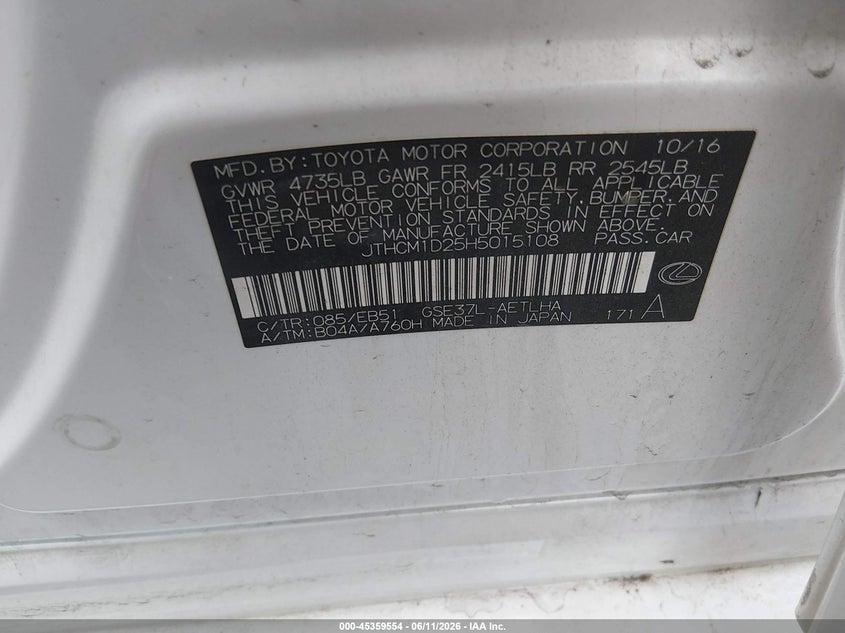 2017 Lexus Is VIN JTHCM1D25H5015108 IAAI salvage auction — REAR END, Salvage (Minnesota), sold $8,550 on 2026-07-20 (photo 9)
