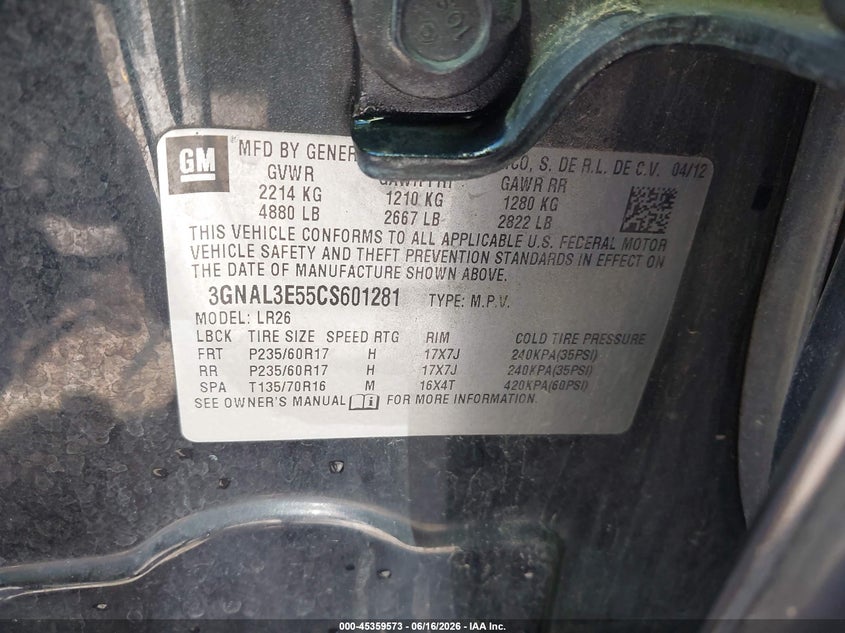 2012 Chevrolet Captiva sport VIN 3GNAL3E55CS601281 IAAI salvage auction — FRONT & REAR, Certificate Of Title (Nebraska), sold $575 on 2026-07-09 (photo 9)