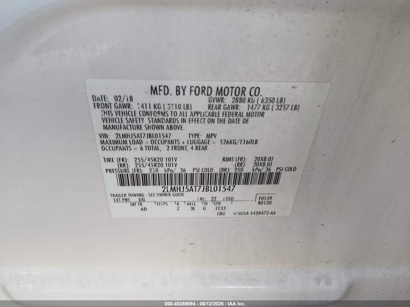 2018 Lincoln Mkt VIN 2LMHJ5AT7JBL01547 IAAI salvage auction — FRONT END, Salvage (Louisiana), sold $1,250 on 2026-07-22 (photo 9)