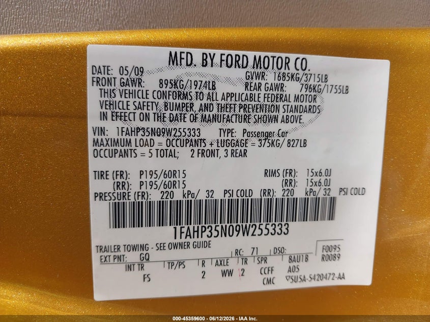 2009 Ford Focus VIN 1FAHP35N09W255333 IAAI salvage auction — FRONT END, Salvage (Texas), sold $400 on 2026-07-09 (photo 9)