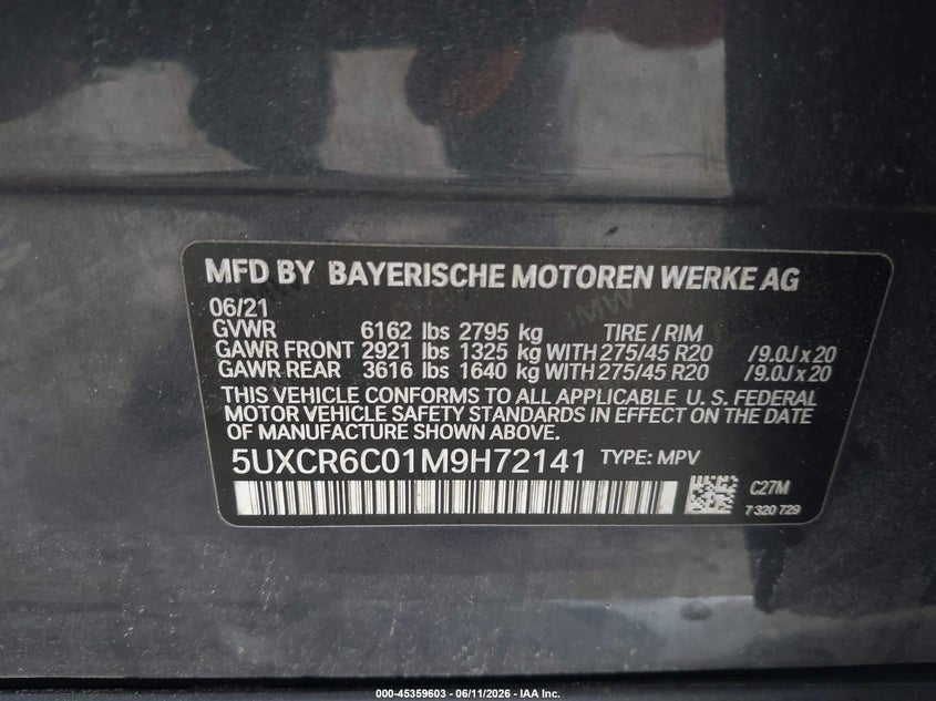 2021 BMW X5 VIN 5UXCR6C01M9H72141 IAAI salvage auction — SIDE, Salvage Title, sold $18,900 on 2026-08-29 (photo 9)