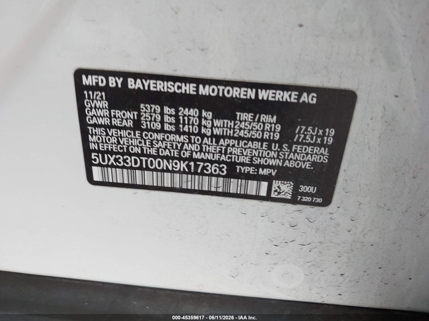 2022 BMW X4 VIN 5UX33DT00N9K17363 IAAI salvage auction — FRONT END, Scrap (Michigan), sold $4,100 on 2026-07-08 (photo 9)