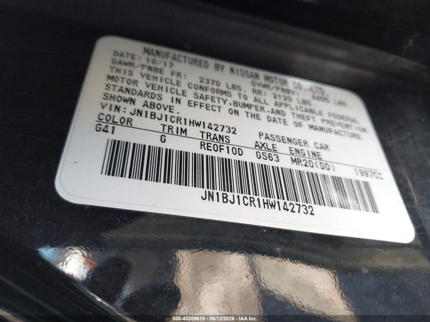2017 Nissan Rogue VIN JN1BJ1CR1HW142732 IAAI salvage auction — FRONT END, Junk Bill Of Sale Mv2459 (Wisconsin), sold $1,100 on 2026-07-07 (photo 9)