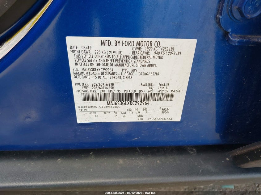 2019 Ford Ecosport VIN MAJ6S3GLXKC292964 IAAI salvage auction — FRONT END, Salvage Title, sold $25 on 2026-07-29 (photo 9)