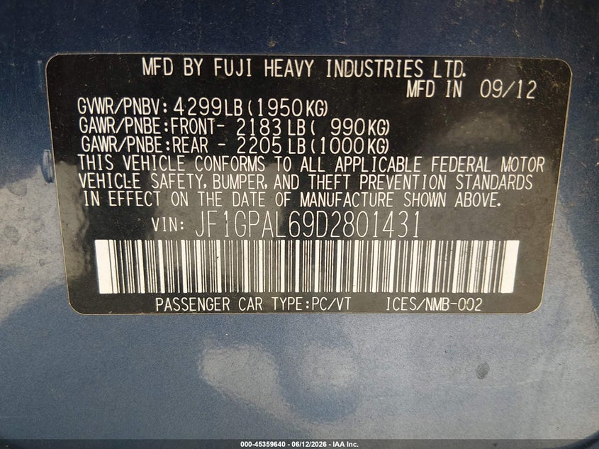 2013 Subaru Impreza VIN JF1GPAL69D2801431 IAAI salvage auction — NORMAL WEAR, Clear (Florida), sold $25 on 2026-07-28 (photo 9)