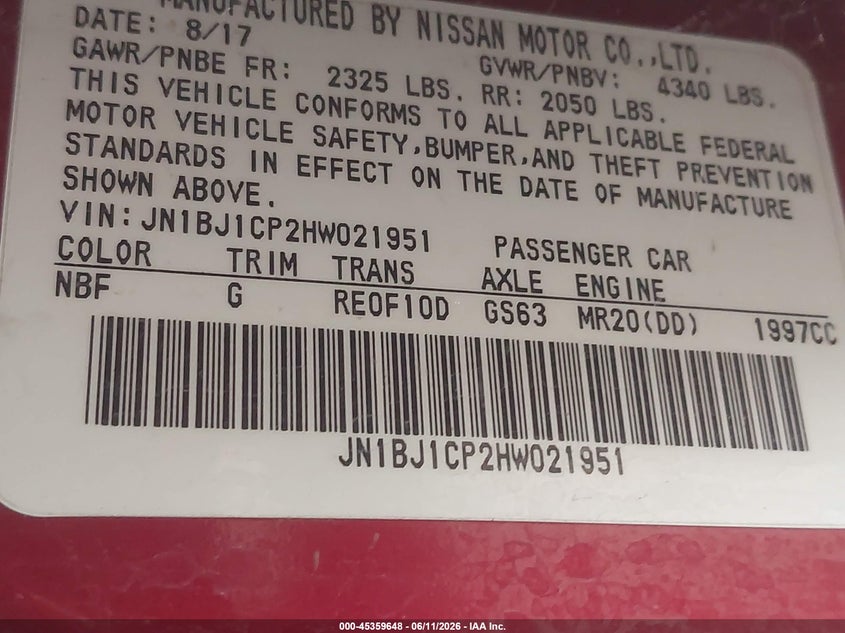 2017 Nissan Rogue VIN JN1BJ1CP2HW021951 IAAI salvage auction — RIGHT SIDE, Original (Texas), sold $950 on 2026-07-21 (photo 9)