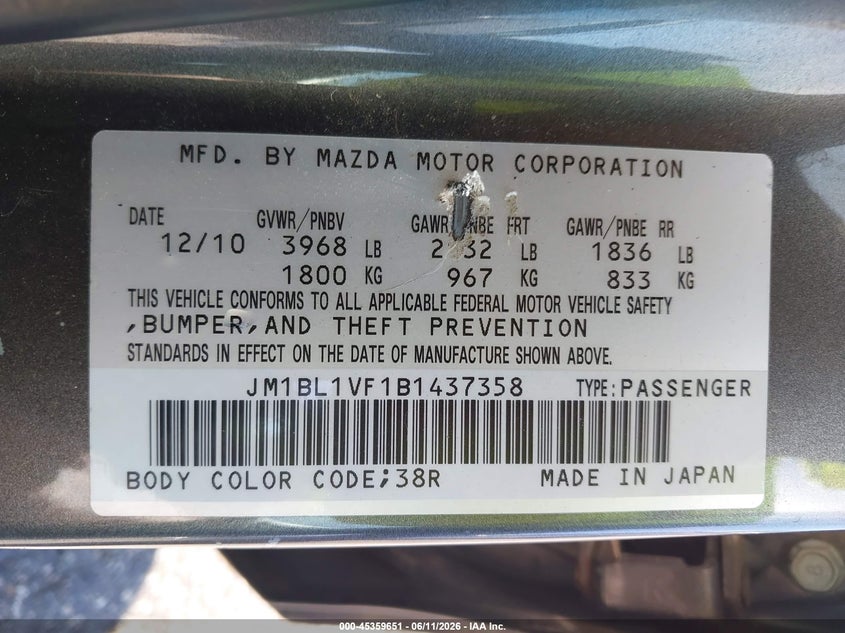 2011 Mazda 3 VIN JM1BL1VF1B1437358 IAAI salvage auction — FRONT END, Clear (Indiana), sold $25 on 2026-07-21 (photo 9)