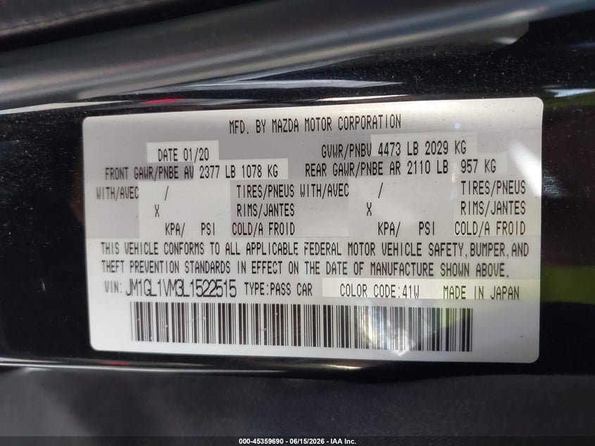2020 Mazda 6 VIN JM1GL1VM3L1522515 IAAI salvage auction — RIGHT SIDE, Salvage Title, sold $4,800 on 2026-08-01 (photo 9)