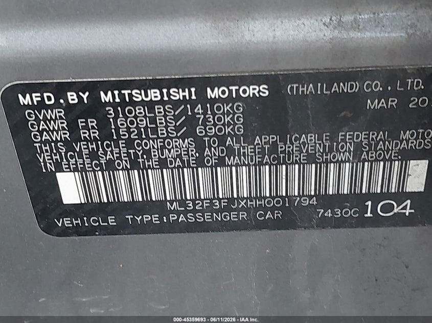 2017 Mitsubishi Mirage VIN ML32F3FJXHH001794 IAAI salvage auction — REAR END, Clear (Indiana), sold $750 on 2026-07-17 (photo 9)