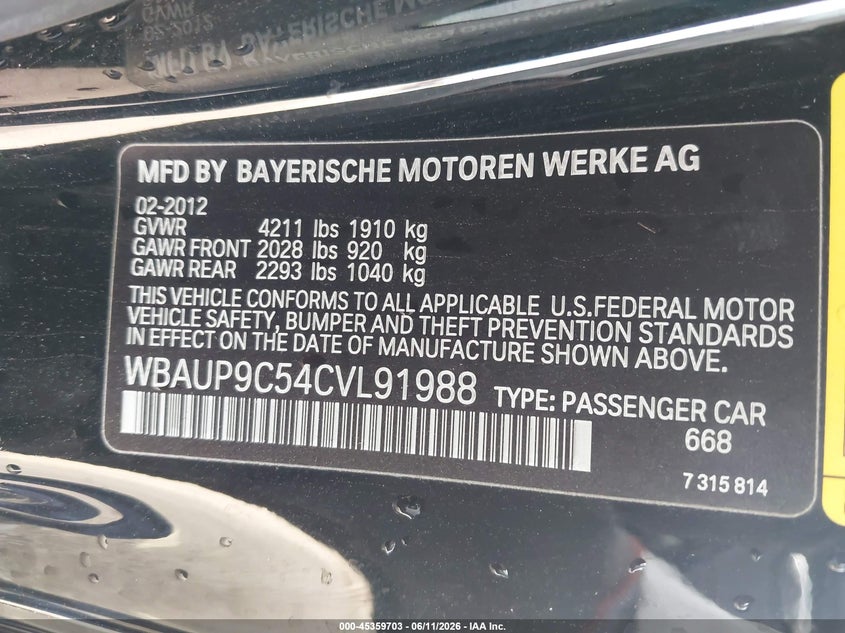 2012 BMW 1er VIN WBAUP9C54CVL91988 IAAI salvage auction — RIGHT SIDE, Salvage Title, sold $400 on 2026-07-20 (photo 9)