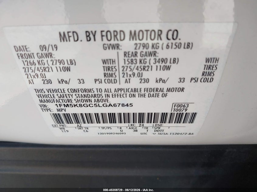 2020 Ford Explorer VIN 1FM5K8GC5LGA67845 IAAI salvage auction — FRONT END, Salvage Title, sold $12,950 on 2026-07-29 (photo 9)