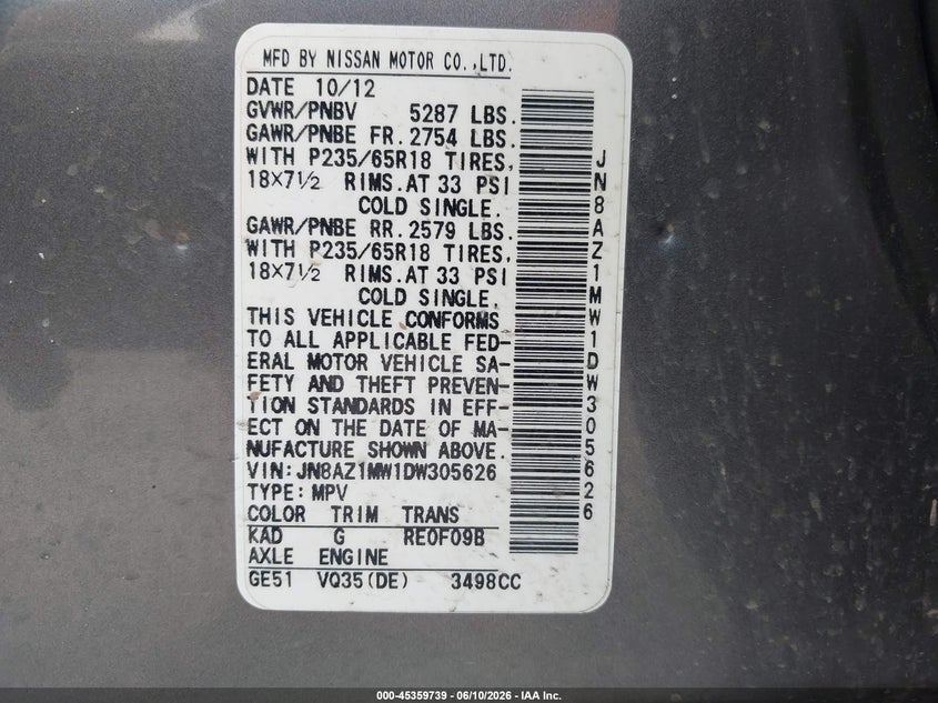 2013 Nissan Murano VIN JN8AZ1MW1DW305626 IAAI salvage auction — NORMAL WEAR, Clear (Pennsylvania), sold $450 on 2026-07-08 (photo 9)