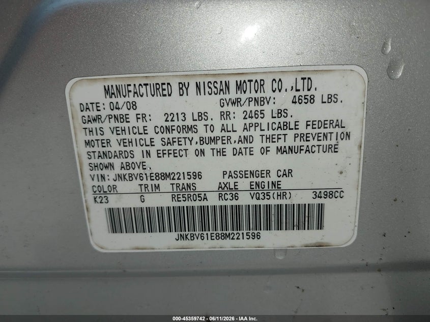 2008 Infiniti G35 VIN JNKBV61E88M221596 IAAI salvage auction — RIGHT SIDE, Clear (Tennessee), sold $225 on 2026-07-16 (photo 9)