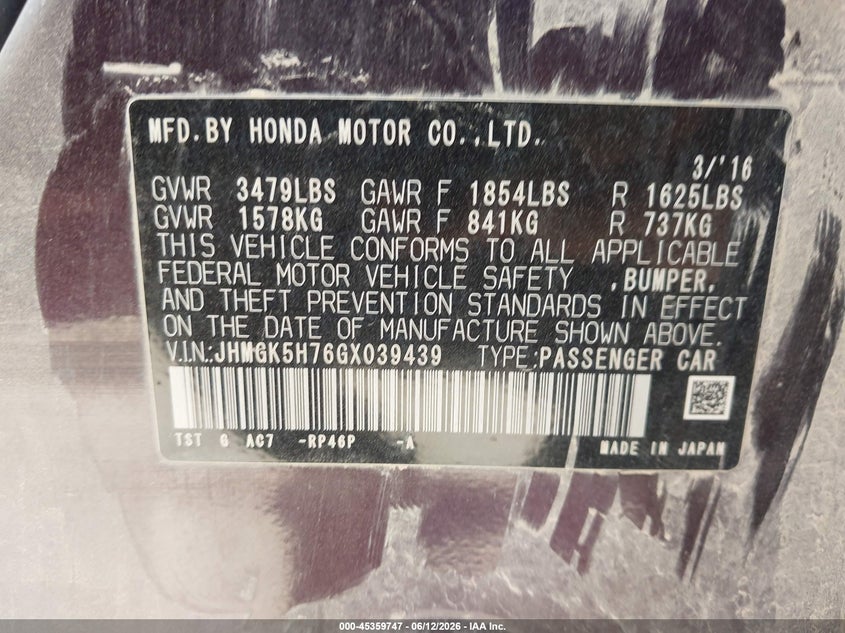 2016 Honda Fit VIN JHMGK5H76GX039439 IAAI salvage auction — RIGHT FRONT, Salvage (Illinois), sold $2,100 on 2026-07-14 (photo 9)