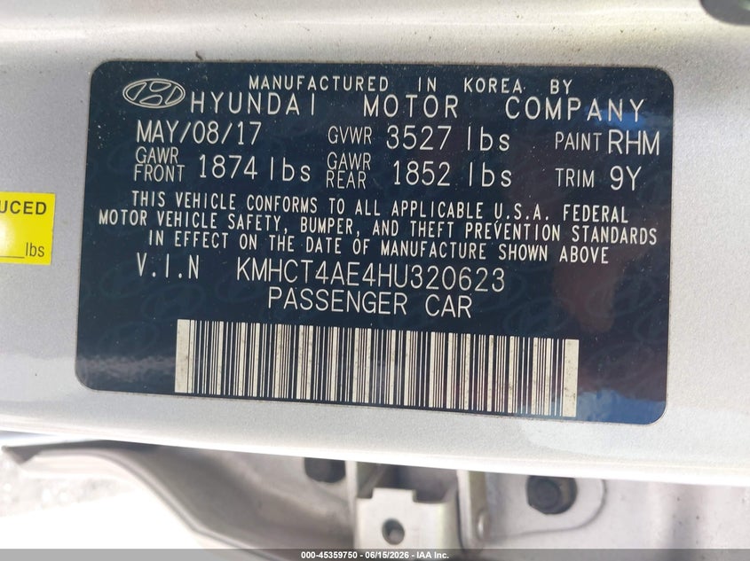 2017 Hyundai Accent VIN KMHCT4AE4HU320623 IAAI salvage auction — FRONT & REAR, Rebuildable (Florida), sold $1,050 on 2026-07-22 (photo 9)