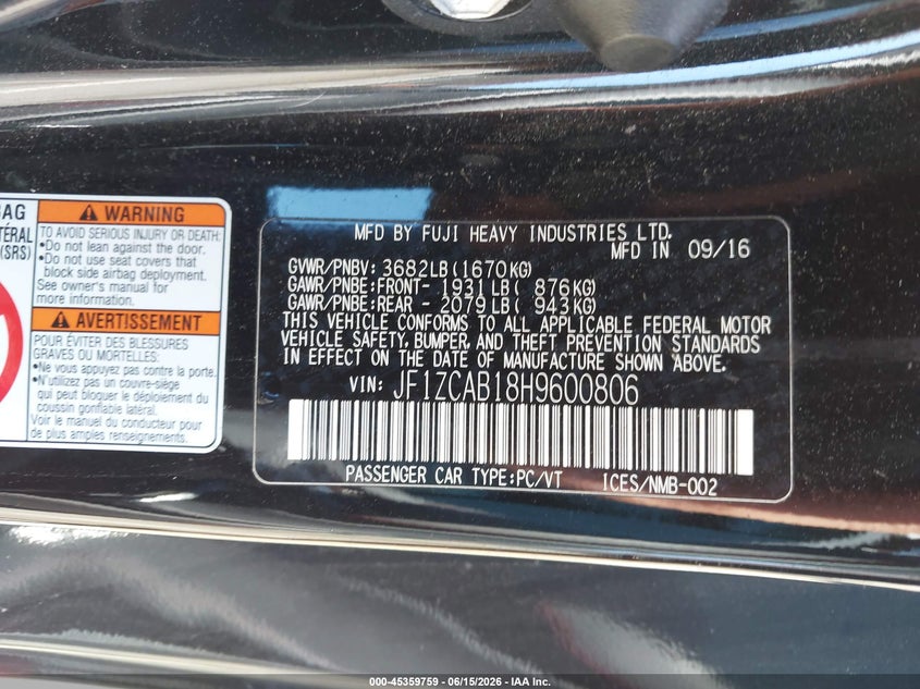 2017 Subaru Brz VIN JF1ZCAB18H9600806 IAAI salvage auction — RIGHT FRONT, Salvage (North Carolina), sold $575 on 2026-07-23 (photo 9)
