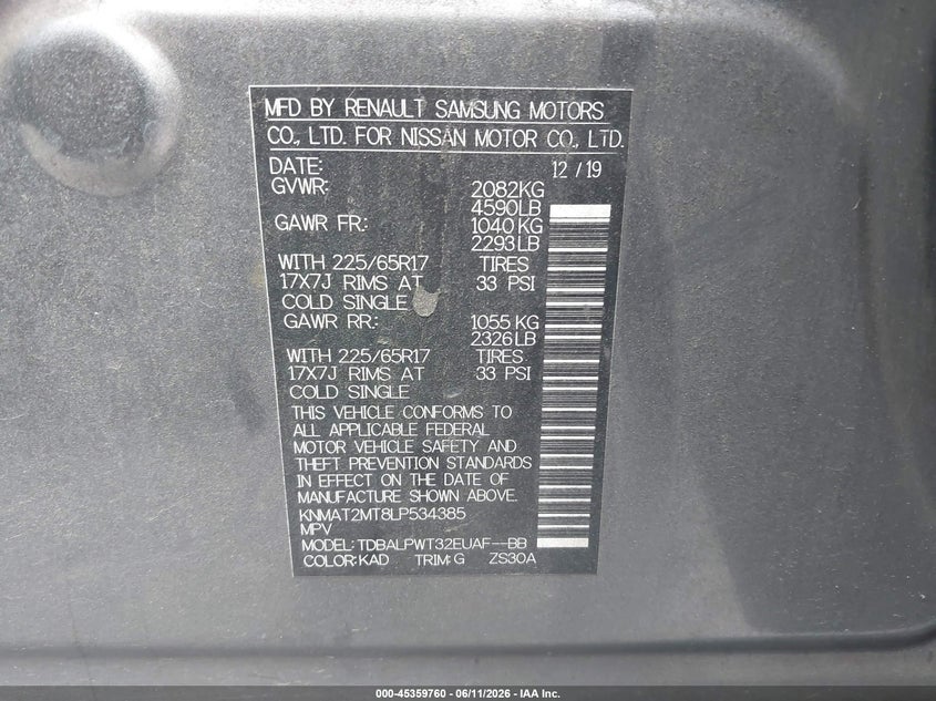 2020 Nissan Rogue VIN KNMAT2MT8LP534385 IAAI salvage auction — RIGHT FRONT, Salvage Title, sold $925 on 2026-07-22 (photo 9)