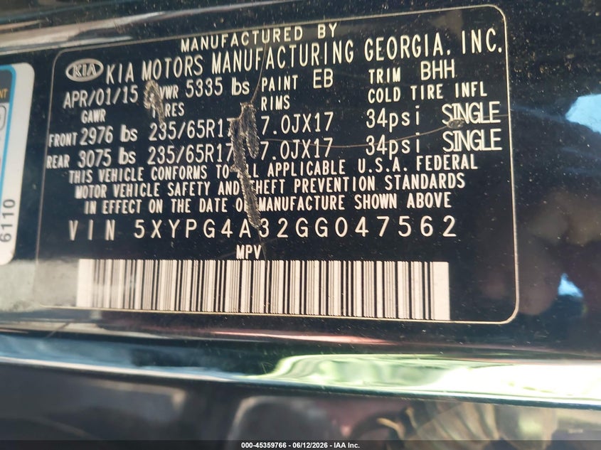 2016 Kia Sorento VIN 5XYPG4A32GG047562 IAAI salvage auction — NORMAL WEAR, Permit To Sell (Louisiana), sold $925 on 2026-07-28 (photo 9)