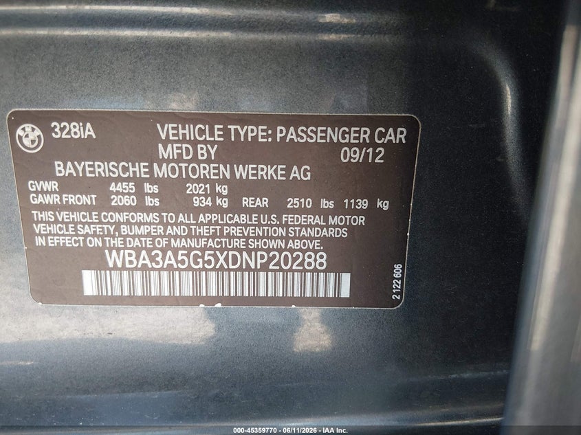 2013 BMW 3er VIN WBA3A5G5XDNP20288 IAAI salvage auction — UNDERCARRIAGE, Salvage (South Carolina), sold $775 on 2026-07-28 (photo 9)