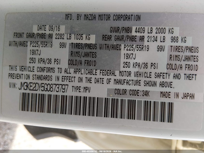 2016 Mazda Cx-5 VIN JM3KE2DY5G0873797 IAAI salvage auction — HAIL, Salvage (Kansas), sold $4,600 on 2026-07-10 (photo 9)