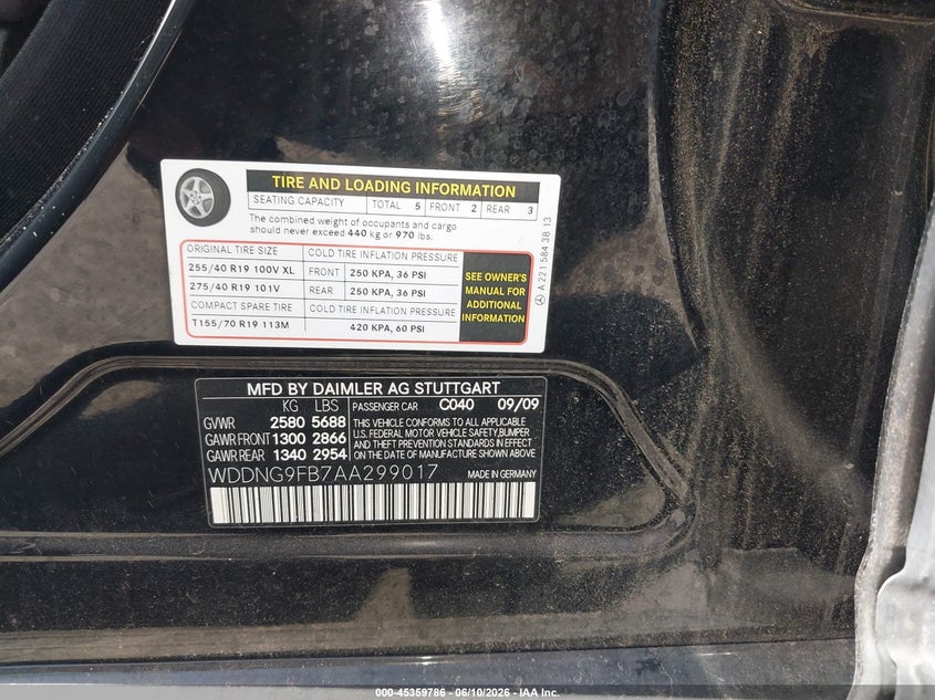 2010 Mercedes-benz S class VIN WDDNG9FB7AA299017 IAAI salvage auction — UNKNOWN, Clear (California), sold $25 on 2026-07-30 (photo 9)