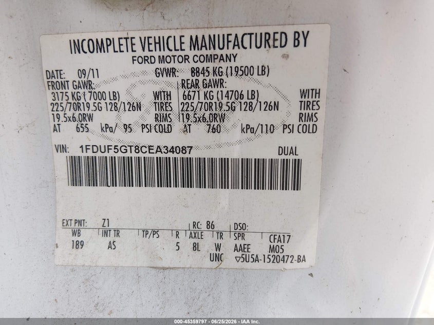 2012 Ford F550 VIN 1FDUF5GT8CEA34087 IAAI salvage auction — NORMAL WEAR, Clear (Louisiana), sold $325 on 2026-07-08 (photo 8)