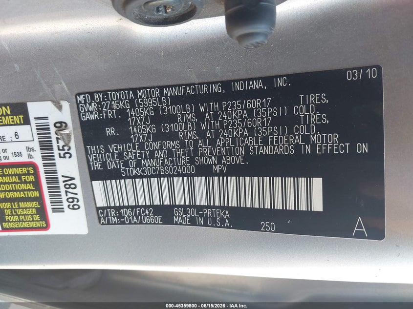 2011 Toyota Sienna VIN 5TDKK3DC7BS024000 IAAI salvage auction — REAR END, Salvage (South Carolina), sold $1,225 on 2026-07-15 (photo 9)