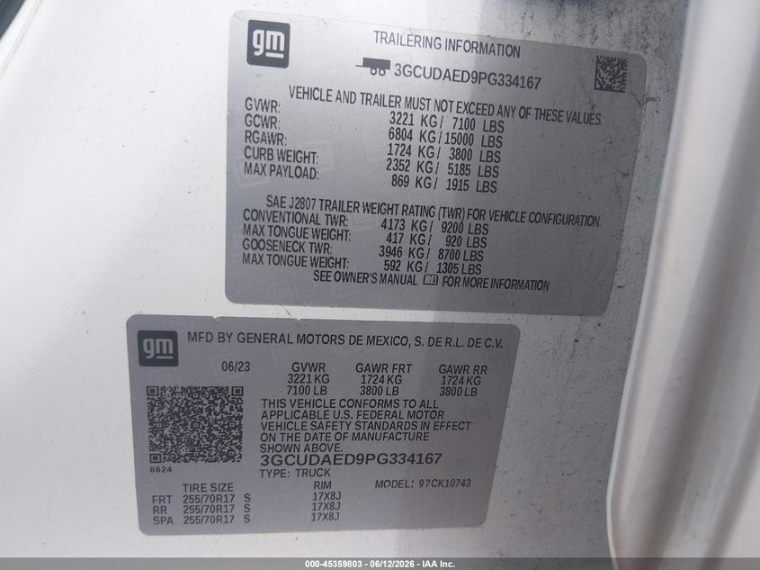 2023 Chevrolet Silverado VIN 3GCUDAED9PG334167 IAAI salvage auction — NORMAL WEAR, Clear (Tennessee), sold $12,300 on 2026-07-30 (photo 9)