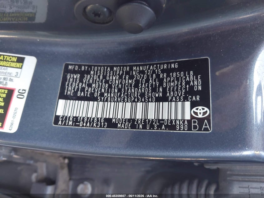 2016 Toyota Corolla VIN 5YFBURHE6GP434540 IAAI salvage auction — NORMAL WEAR, Repossession Paperwork (Georgia), sold $1,600 on 2026-07-22 (photo 9)